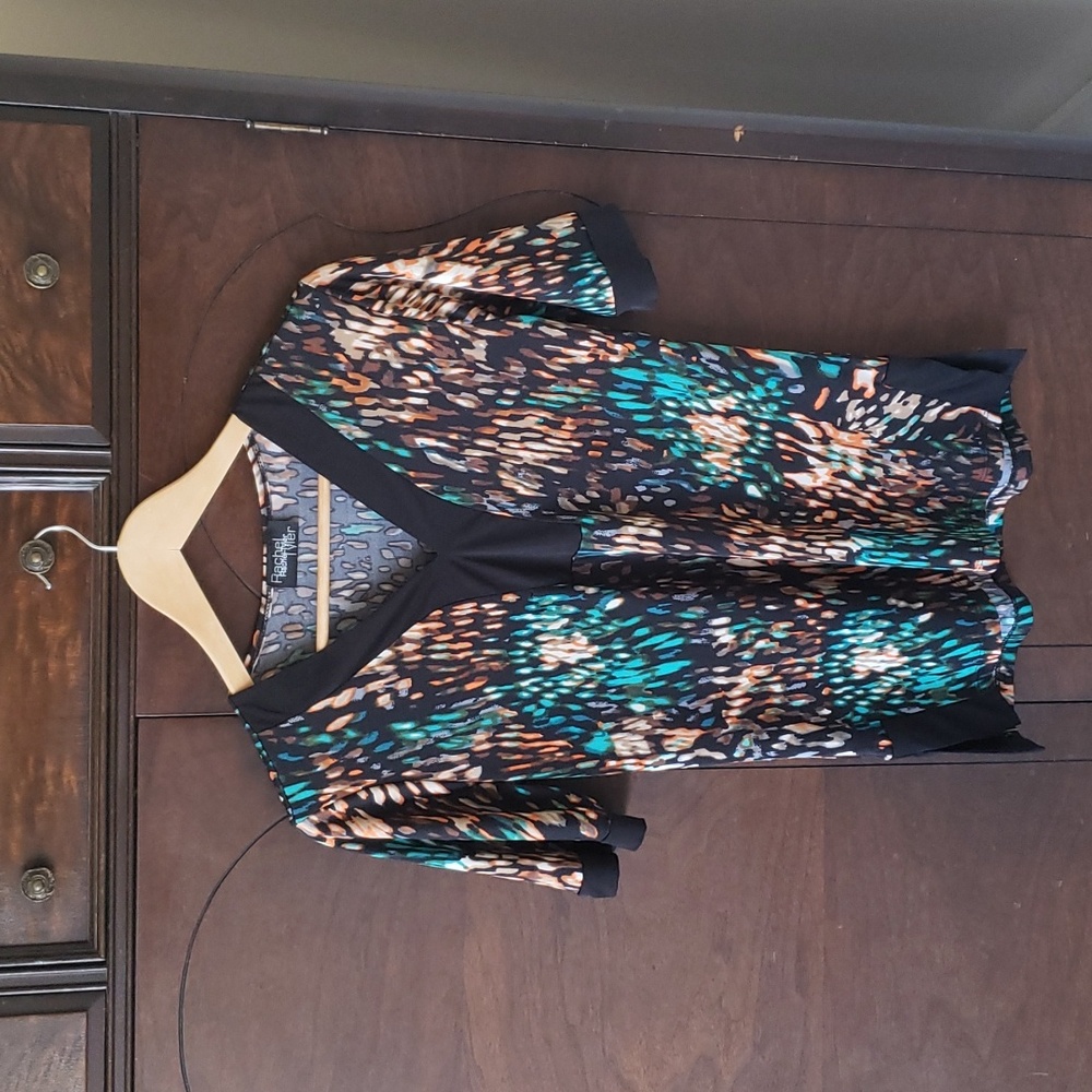 Rachel Tyler Shirt Women's Blouse Top, Black Brown Orange Teal Print V-neck, Med